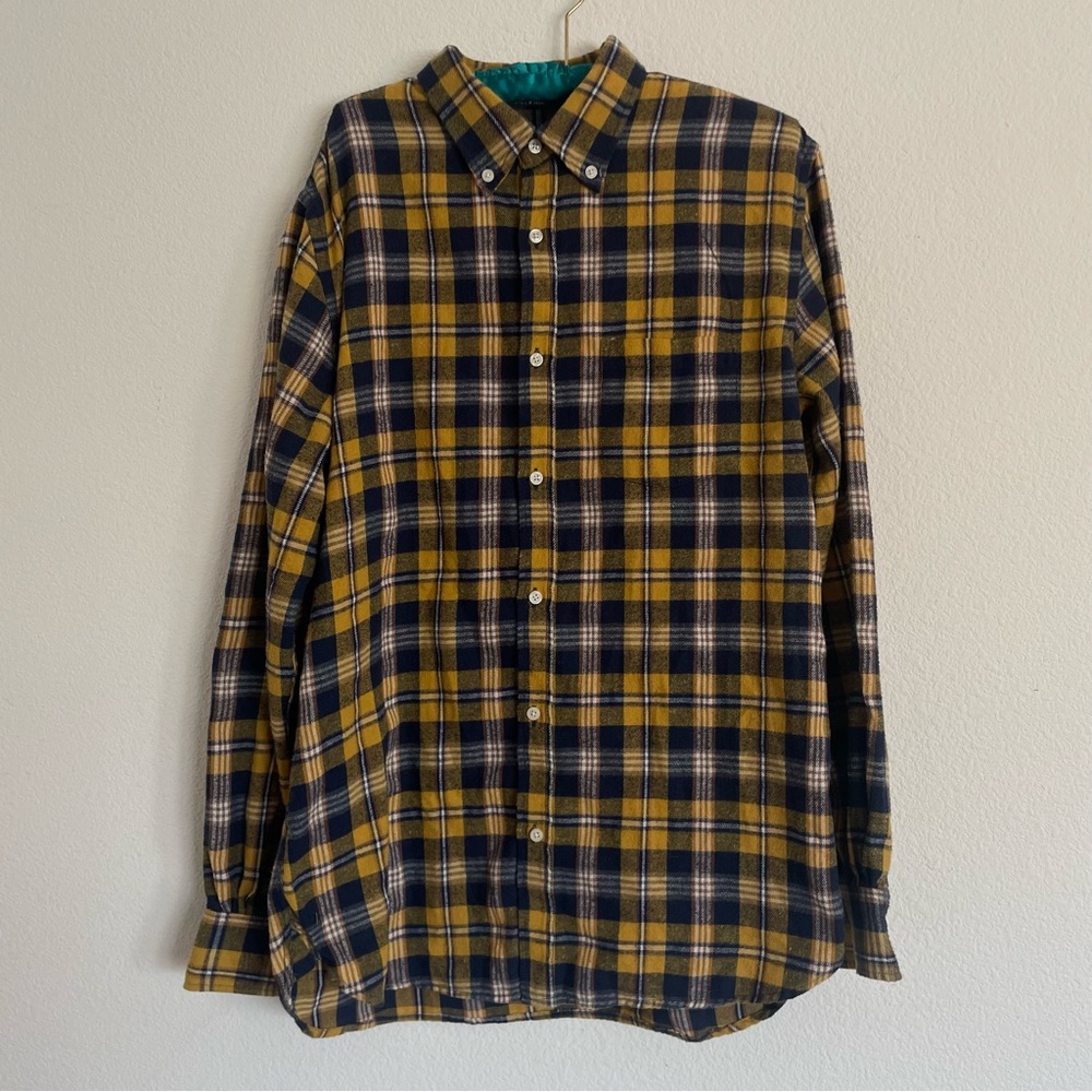Brandy Melville Yellow and Navy Plaid Button-Down Shirt